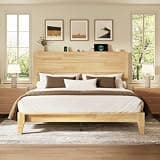 LARMACE King Size Wood Platform Bed Frame with Mid-Century Modern Tall Headboard & Charging Station, Built-in Headboard Shelf, Solid Sustainable Bedframe, No Box Spring Needed, Easy Assembly, Natural