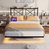 Elyveont Full Size Floating Bed Frame with LED Lights & Charging Station, Metal Platform Bed Full with Headboard, Heavy Duty Steel Slats, No Box Spring Needed, Easy Assembly (Full)