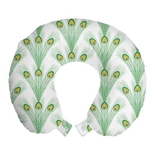 Ambesonne Feather Travel Pillow Neck Rest, Bohemian Pattern with Long Peacock Bird Plumes, Memory Foam Traveling Accessory for Airplane and Car, 12", Shamrock Green Mustard