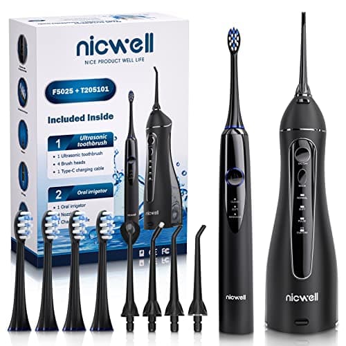 Water Dental Flosser Cordless for Teeth - Nicwell 4 Modes Dental Oral Irrigator, Portable and Rechargeable IPX7 Waterproof Powerful Battery Life Water Teeth Cleaner Picks for Home Travel
