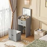 THE CARY C Vanity Desk with Mirror and Lights, Vanity Table Set with Storage Drawer, Bedroom Dressing Table with Charging Station, Small Makeup Vanity Desk, Dressing Table with Cushioned Stool (Gray)