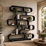 PREAUREUM Sculptural Wood Bookshelf, Curved Solid Wood Bookcase for Living Room or Office, Modern Display Storage Shelf