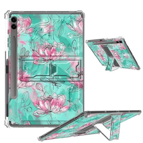 Clear Case for Samsung Galaxy Tab S9 FE Plus 12.4 Inch 2023 Soft TPU Cover with Foldable Kickstand & Pencil Holder, Shockproof Rugged Case for Galaxy Tab S9 FE+ Tablet, Watercolor Pink Lotus