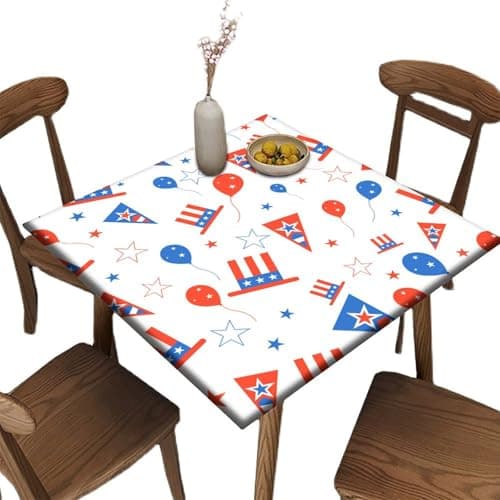 Fitted Polyester Tablecloth Square, 4th of July Elastic Edge Home Decor Table Clothes, Waterproof Oil & Dust Proof Table Cover for Family Patio Picnic BBQ Use, Fit for 42" X 42" Square Table