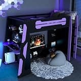 Loft Bed with Desk and Shelves, Twin Size Gaming Bed for Teens, Purple