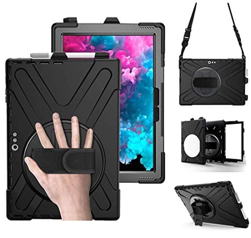 SXYGMZL for Microsoft Surface Pro 7+ Plus/Pro 7/6/5/4 Case 12.3 inch, Heavy Duty Silicone Shockproof Rugged Protective Cover with 360° Rotating Handle Stand Hand Strap Pen Holder Shoulder Strap, Black