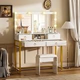 COMHOMA Makeup Vanity Desk with Mirror and Lights, Vanity Table and Chair Set with 4 Drawers and Charging Station, Bedroom Dresser Mirror& Adjustable 3 Color Modes, Storage Shelf, 32In White and Gold