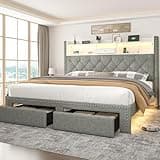 Siihnon Linen Queen Size Bed Frame with 2-Tier Storage Headboard and Charging Station, Upholstered Platform Bed Frames with 2 Storage Drawers, Wooden Slats Support, No Box Spring Needed, Light Grey