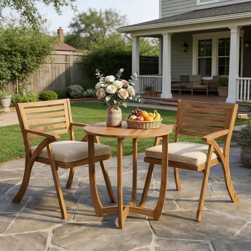Llsmnba 3-Piece Acacia Wood Bistro Set with Cream Cushions, 28" Square Table and 2 Slat Back Chairs, Small Space Outdoor Dining Furniture for Balcony Patio Garden, Teak Finish