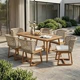 Hassyee 7-Piece Outdoor Dining Set with 6 Wicker Dining Chairs for Dining Room, Poolside, Elegant Patio Furniture Set with Weather Resistant Material and Slatted Tabletop for Lawn
