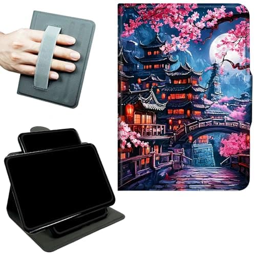 RWUTYTIUL Rotating Handle Case for Amazon Fire HD 10 & 10 Plus(13th/11th Generation, 2023/2021), 360 Degree Swivel Kickstand with Magnetic Closure Leather Protective Cover, Cherry Blossom House