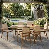 7 Piece Outdoor Dining Table Set, Acacia Wood Patio Dining Furniture Set, Modern Extendable Table and 6 Mesh Fabric Chairs, Weather Resistant for Lawn Backyard Garden Deck Poolside,Teak+ Beige