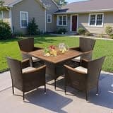 Wisteria Lane Patio Outdoor Table and Chairs Set, Rattan Outdoor Patio Furniture Set with Removable Cushions, Outdoor Patio Dining Sets with Acacia Wood Tabletop for Garden Backyard Deck, Brown