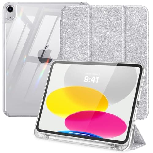 MoKo for iPad (A16) 11th Generation Case 11-inch 2025, iPad 10th Generation Case 2022 with Left Pencil Holder, Slim Trifold iPad11 inch Cover with Crystal Clear TPU Back Shell, Glitter White Silver
