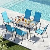 MAMIZO 7 Pieces Patio Dining Set for 6, Outdoor Table and Chairs w/Rectangle Glass Table and 6 Textilene Stackable Chairs, Patio Furniture Set w/1.69" Umbrella Hole (Black Table & Sky Blue Chair)