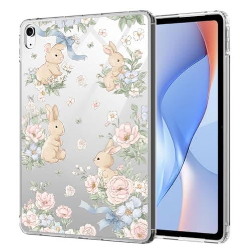 AdorableWhimsy Cute Floral Bunny Case for iPad Pro 11 Inch M4 2024/M5 2025 Kawaii Animal Lovely Design Clear Protective Slim Tablet Cover Shockproof Transparent Hard Shell