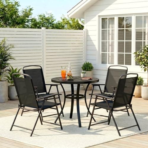 TLSUNNY 5-Piece Patio Dining Set for 4, Outdoor Table and Chairs W/1.57"-1.9" Adjustable Umbrella Hole & Foot Pads, 27.6" Round Metal Table and Patio Textilene Folding Chair W/Armrests (Black)