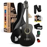 Pyle Beginner Acoustic Guitar Kit, 1/2 Junior Size All Wood Instrument with Full Accessory Kit, Picks, Shoulder Strap, Carry Case, Cleaning Cloth, Tuner App, 2 Month Lessons, 34” (Black Matte)