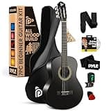 Pyle Beginner Acoustic Guitar Kit, 1/2 Junior Size All Wood Instrument with Full Accessory Kit, Picks, Shoulder Strap, Carry Case, Cleaning Cloth, Tuner App, 2 Month Lessons, 34” (Black Matte)