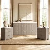 ModernMate 3-Piece Dresser Bedroom Set, 9 Drawers Dresser & 3 Drawer Nightstands with Smooth Glide Drawers & Faux Travertine Texture Top, Modern Tall Chest of Drawers for Bedroom Storage