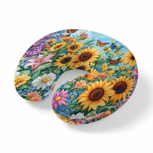 Yellow Sunflower Travel Neck Pillow Memory Foam,Hand Neck Support Airplane Pillow for Traveling Bed Car Office Home,Wildflower Daisy Country Farm Pastoral Flight Pillows with Removable Cover
