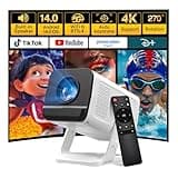 Mini Projector with WiFi 6 and Bluetooth 5.4 Built-in App for Bedroom Portable Projector Android 14 Smart Auto Keystone 1080P 4K Support Compatible with Netflix/iOS/HDMI/TV Stick/Phone Remote X1 White