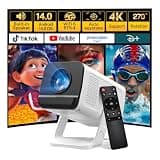 Mini Projector with WiFi 6 and Bluetooth 5.4 Built-in App for Bedroom Portable Projector Android 14 Smart Auto Keystone 1080P 4K Support Compatible with Netflix/iOS/HDMI/TV Stick/Phone Remote X1 White