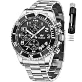 OLEVS Mens Black Watches Chronograph Luxury Dress Moon Phase Big Stainless Steel Waterproof Luminous Business Calendar Wrist Watch