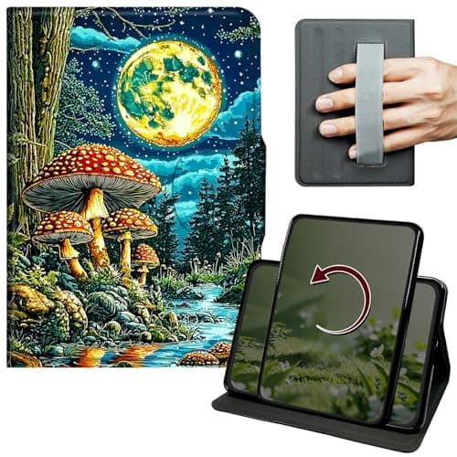 Dikoer Case for Amazon Kindle Fire Max 11 (13th Generation, 2023 Release) 11", 360 Degree Rotation Lightweight PU Leather Stand Cover with Hand Strap for Women Men, Moon Mushroom Creek