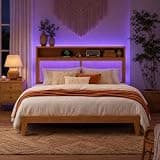 GAOMON Rattan Wood Bed Frame Full Size with RGB LED Light & Charging Station, Boho Full Bed Frame with 2 Tier Storage Headboard, Sturdy Wooden Slats Support, Under Bed Storage, No Box Spring Needed