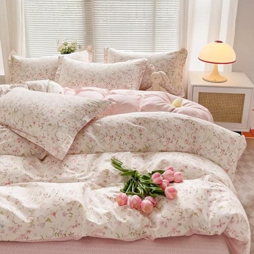 Bildenly Floral Duvet Cover Twin Size Reversible White Pink Botanical Flower Bedding Set with Zipper Closure Garden Spring Plants Printed Soft Microfiber Comforter Cover Set with 1 Pillowcase