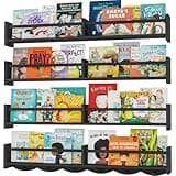ECOOCE 34Inch Nursery Bookshelves,Set of 4,Wall Floating Shelf Kids Coat Rack with 6Hooks,Hanging Book Shelf for Baby Nursery Room Décor ,Patent Number: 29958098(Black, 34)