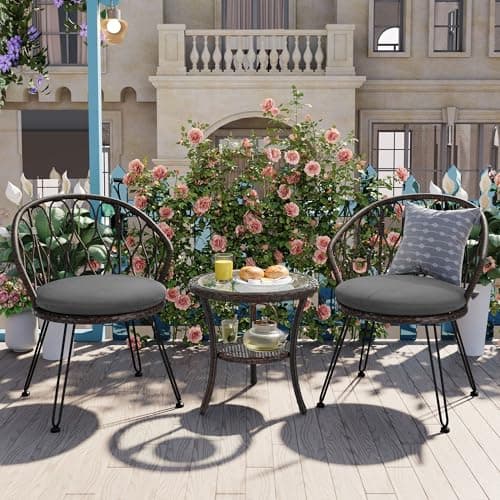Outdoor Leisure Set with 2 Rattan Chairs, Iron Frame, Glass Round Table, Comfortable Cushioned Seating, Patio Furniture for Garden, Balcony, Courtyard, Beige & Gray