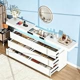 Vipbear Premium Elegant White Dresser, Wooden Dresser for Bedroom with Desktop Slideable & Hidden Shelves & 6 Big Drawers & LED RGB Lights & Power Outlet & Remote Control, 47" Lx34 H
