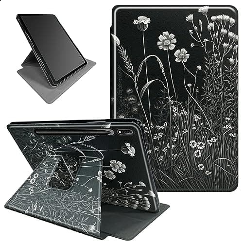 BFSEROBJ for Samsung Galaxy Tab S9 Ultra Case 360 Rotating Degree Stand Lightweight Protective Smart Cover with Auto Wake/Sleep Case for Galaxy Tab S9 Ultra/S8 Ultra 5G,Black White Flowers and Plants