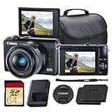 Canon EOS M100 Mirrorless Camera with 15-45mm Lens (Black) | 24.2MP APS-C Sensor, Dual Pixel CMOS AF, Wi-Fi & Bluetooth | Great for Travel & Beginner Photos (2209C011) + 64GB Card + Bag + Battery