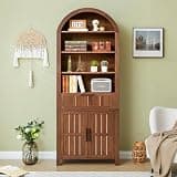 81" Tall Arched Bookshelf Cabinet with Storage Doors, Arch Open Display Bookcase, Rustic Wooden Freestanding Storage Cabinet for Living Room, Kitchen, Walnut Brown (Walnut Brown, 81inch-Doors)