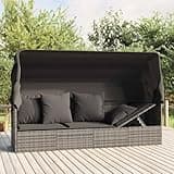 KGPWRCVD Patio Lounge Bed with Roof and Cushions, Gray Poly Rattan Adjustable Sun Lounger with Foldable Roof and Powder-Coated Steel Frame