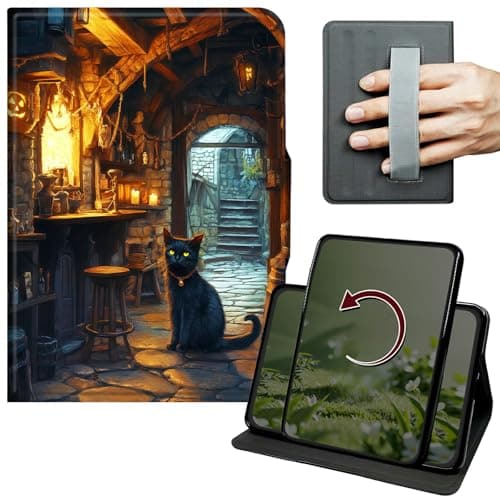 Dikoer Case for Amazon Kindle Fire HD 8 & 8 Plus (12th/10th Generation, 2024/2022/2020), 360 Degree Rotation Lightweight PU Leather Stand Cover with Hand Strap for Women Men, Black Cat Retro