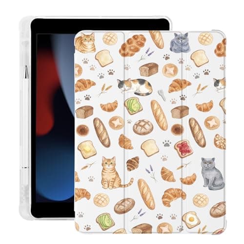 BlHMCASE Cute Kawaii Cat Bread for iPad Air5/Air4 Case with Pencil Holder, Auto Sleep/Wake, White Leather Soft TPU Back Cover for iPad 10.9 Inch 2022/2020