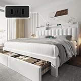 CypBed Queen Bed Frame with Headboard & 4 Storage Drawers,Velvet Upholstered Platform Bed Frame Queen Size with 3 USB & Type-C Charging Ports,Solid Wood Slats,No Box Spring Needed, No-Noise,White,Gift
