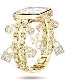 Aniaboho Metal Designer Slim Bracelet Compatible with Apple Watch Bands for Women 44/45/46/49mm/42mm(S3 2 1), Double Chain Pendant iWatch Bands for Apple Watch SE 3 2 1 Series 11 10 9 8 7 6 5 4 3 Gold
