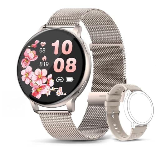 Women's Smart Watch, Gold, Mesh Stainless Steel Band, Round Dial, Heart Rate Monitor, Blood Pressure Tracking, Bluetooth Calling, 2 Straps Included (Gray)