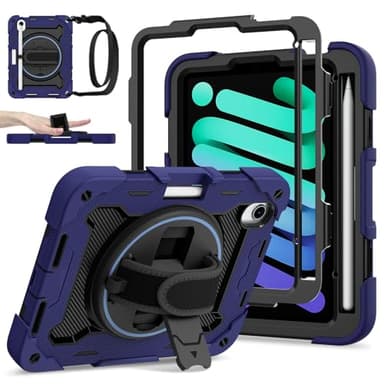 Case for iPad mini 7 (A17 Pro) 2024 / Mini 6 8.3" with Screen Protector, Pencil Holder, 360 Rotating Stand Hand Strap, MIL-STD-810G Military Grade Shockproof Drop Protection Cover, Navy Blue