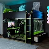Virubi Full Gaming Loft Bed with Desk and Storage Drawers & LED Lights RGB, Wood Gaming Loft Bed with Storage Shelves and Ladder for Teens Adults, Easy Assembly (Green)