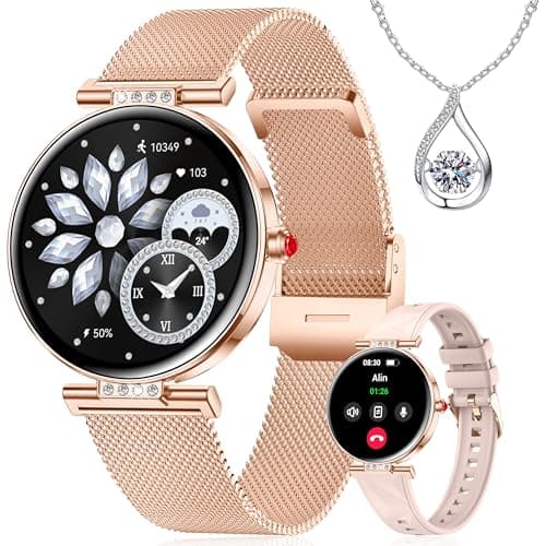 Smart Watch for Women(3 Bands) 1.19” HD AMOLED Touchscreen Compatible Android iPhone Phones with Bluetooth Call/Fitness Tracker/Heart Rate/Sleep Monitor, 120+ Sports Mode IP68 Waterproof, Rose Gold