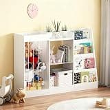 KJUUJE Kids Bookshelf and Toy Storage, 3-Tier Book Shelf for Kids Rooms, Sling Baby Bookcase with Stuffed Animal Storage, Toddler Montessori Bookshelf for Nursery, Playroom, Kindergarten, White
