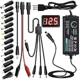 Universal Power Supply 3V~24V 3A 72W Adjustable Variable 3V 5V 9V 12V 18V 20V 24V AC/DC Adapter Charger, 100V-240V AC to DC Converter with 14 Tips, Polarity Converter and 4-Way Power Splitter Cable