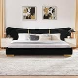 GDFStudio King Size Extra Large Platform Bed with Soft Chenille Fabric, Curved Headboard, Reinforced Electroplated Metal Legs, Flexible DIY Side Space Design, Black