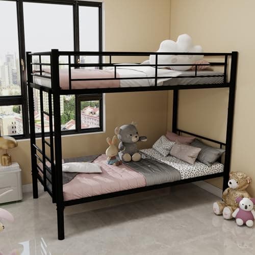 Japovker Bunk Beds Twin Over Full Size, Metal Structure Bedframe with Ladders & Guardrail, Convertible 2 Beds, Sturdy Steel Bed for Kids Boys Girls, Space-Saving, No Spring Box Required (Black)